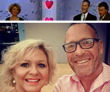 Split image: Top shows a 1990s reality TV scene with contestants; bottom, a modern-day selfie of the same couple smiling.