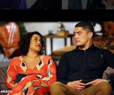 A woman and man sit on a couch looking at each other, with #MAFS in the corner.
