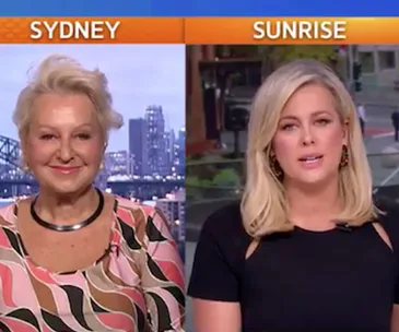 Two women on split screen during a TV program; one labeled "Sydney," the other "Sunrise."