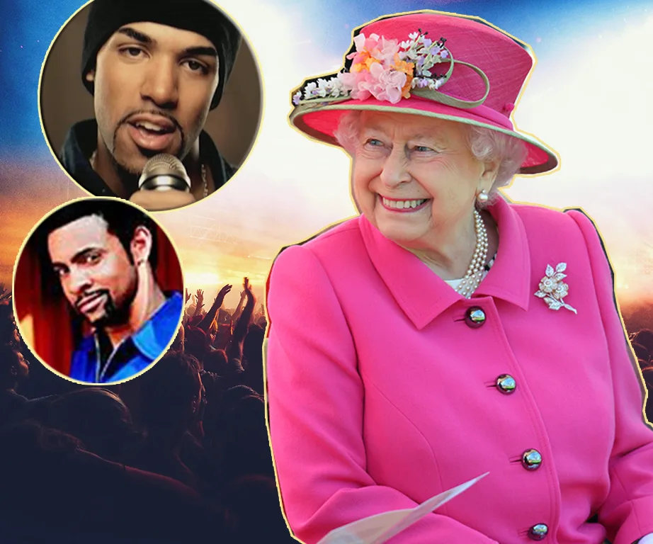 Queen Elizabeth II smiling in a pink outfit with floral hat; two musicians pictured in smaller circles nearby.