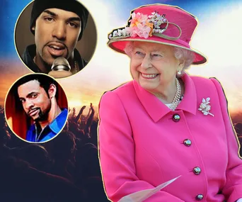 Queen Elizabeth II smiling in a pink outfit with floral hat; two musicians pictured in smaller circles nearby.