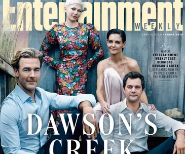 "Dawson's Creek cast reunion on Entertainment Weekly cover: four actors pose together, highlighting show nostalgia."