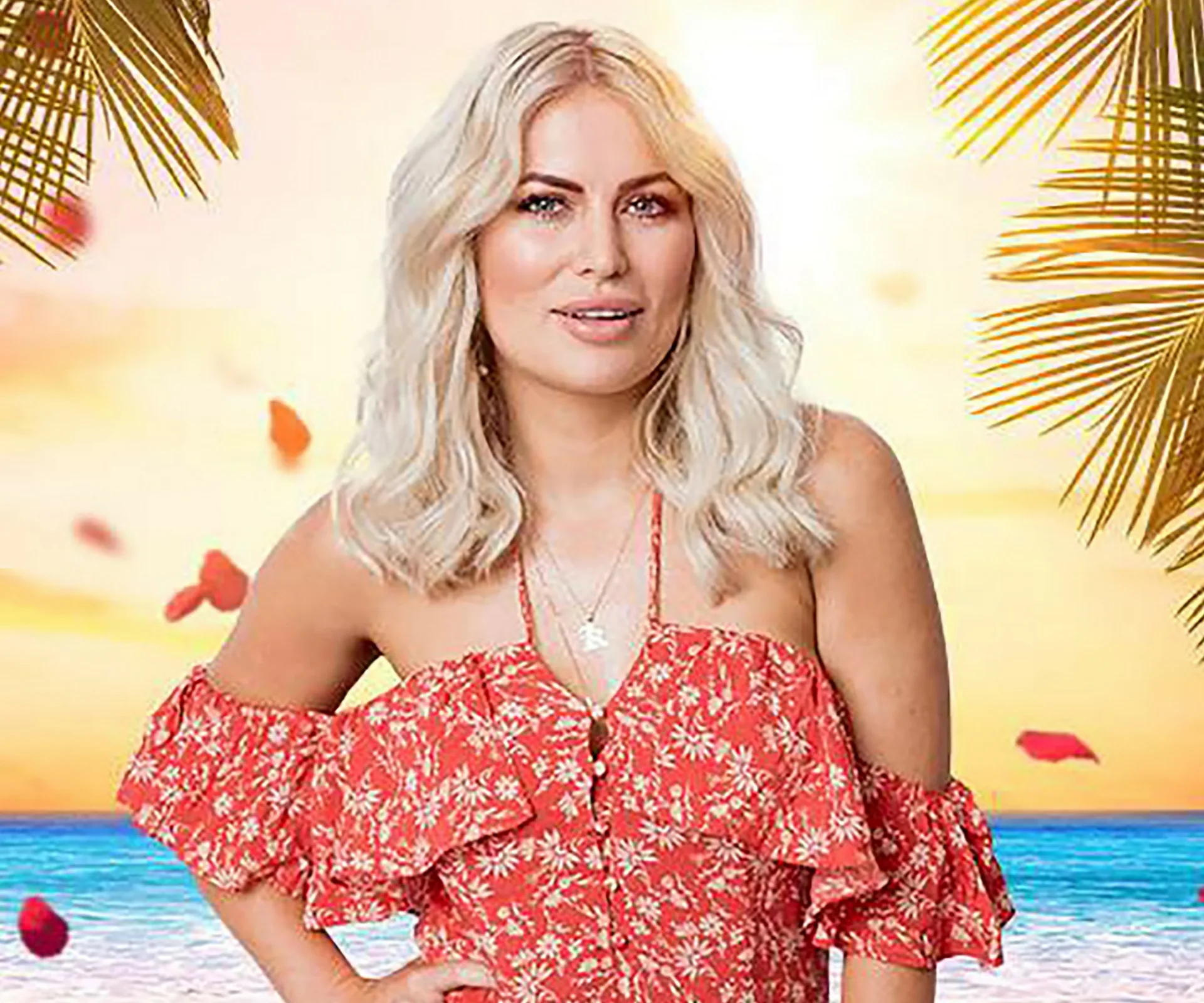 Blonde woman in a floral red dress with sunset beach and palm leaves in the background.