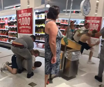 Two scenes of a physical altercation between individuals in a supermarket aisle, observed by bystanders.