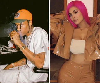 Man sitting, wearing a cap, and woman posing in a pink wig and brown outfit.
