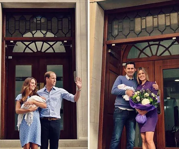 Couples standing outside hospital entrance, each holding a newborn, smiling at camera.