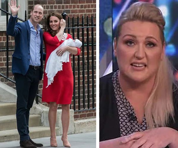 "Royal couple with newborn; woman speaking on TV panel show."