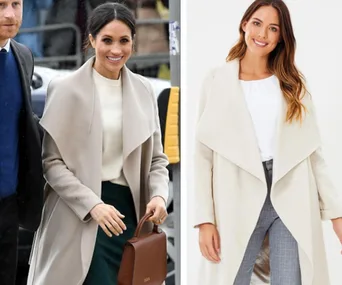 Two women wearing similar beige winter coats; one is outside carrying a handbag, the other is indoors smiling.