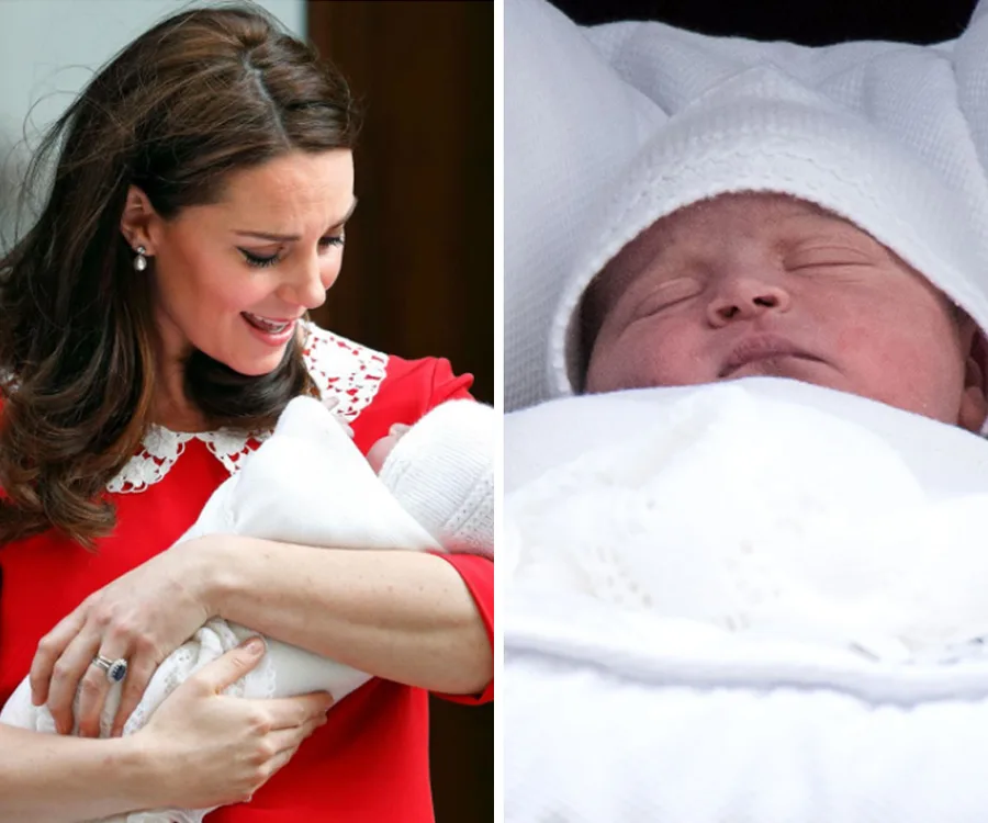 A woman in red holds a newborn wrapped in a white blanket; close-up of the sleeping baby on the right.
