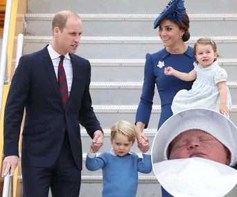 A family descends airplane steps, with a newborn inset in the bottom right corner.