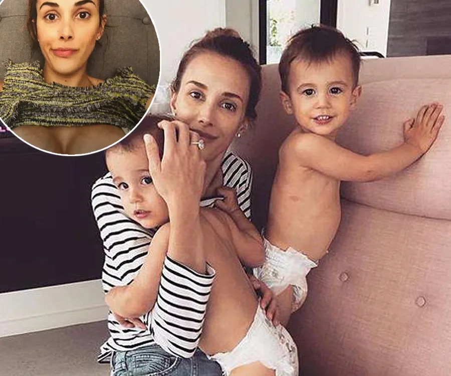 Woman holding two diaper-clad toddlers on a sofa, with an inset selfie showing a relaxed expression.