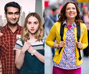 Alt text: "Characters from 'The Big Sick' and 'Unbreakable Kimmy Schmidt' in colorful clothing."