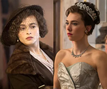 Two female characters from "The Crown" in elegant 1960s attire. One wears a fur coat, the other a tiara and gown.