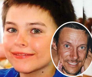 Child smiling in a blue shirt with an inset image of an adult man in the lower right corner.