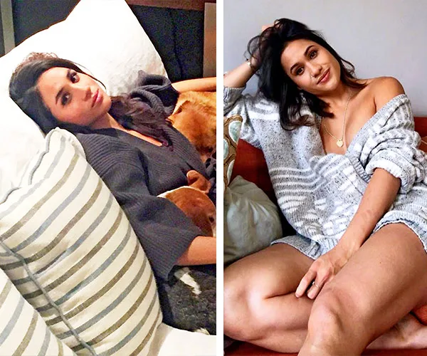 Two women relaxing on couches: one in a robe with a dog, the other in a sweater, both looking at the camera.