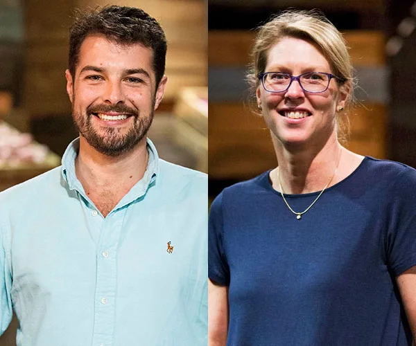 Two MasterChef Australia 2018 contestants smiling; a man in a light blue shirt and a woman in glasses and a navy shirt.