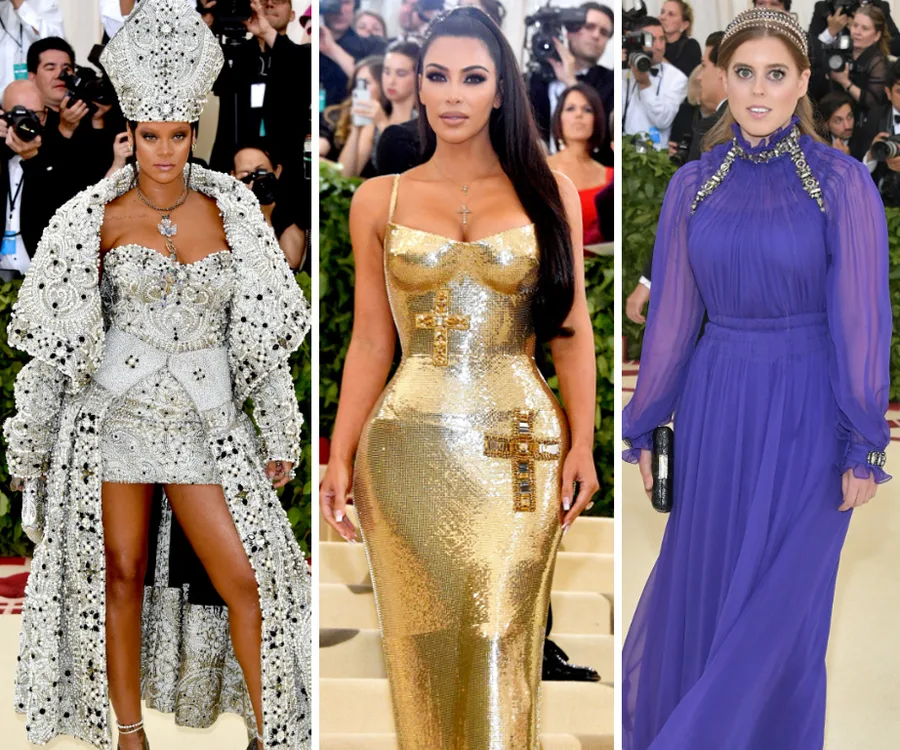 Three women in elaborate outfits at the 2018 Met Gala. Each wears distinctive gowns reflecting the theme.