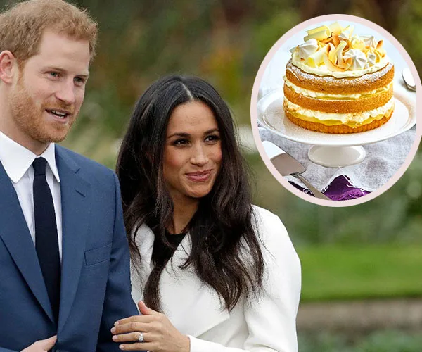 A couple smiling outdoors, with an inset of a lemon elderflower cake.