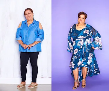 Before and after image of a woman in casual and styled floral dress on a purple background.