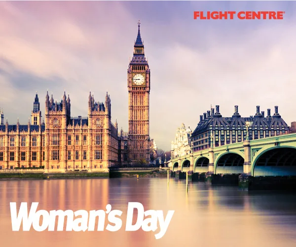 Big Ben and the Houses of Parliament seen from the Thames with "Woman's Day" and "Flight Centre" logos.