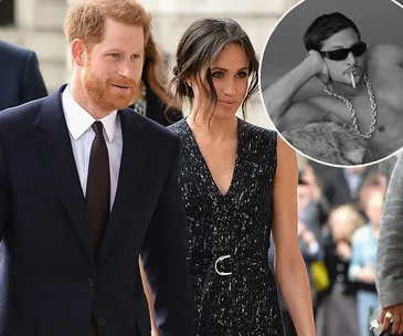 Couple walking while inset shows a man in sunglasses with a cigarette and chain necklace.