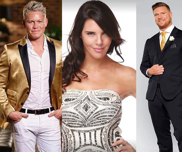 Three people posing in formal attire, two men and one woman, each standing separately against a plain background.