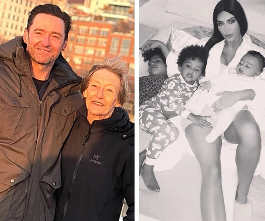 A person in a jacket with an older woman outdoors; another individual indoors with three children on a bed.