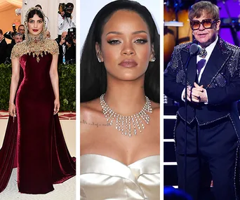 Celebrities in elegant outfits at an event: red gown, white gown with diamond necklace, sparkling suit at microphone.