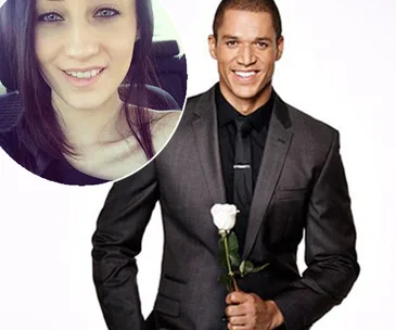 Man in suit holding rose, with inset of smiling woman.