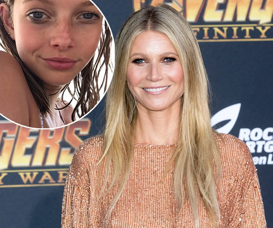 Gwyneth Paltrow in a glittery dress at an Avengers event with an inset of a young girl's face.