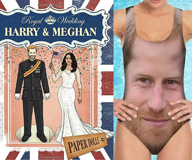 "Royal wedding merchandise: Harry and Meghan paper dolls and swimsuit with Harry's face design."