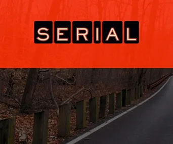 "Serial podcast cover: logo on top half in red, wooded road beneath, linked to Adnan Syed HBO documentary."