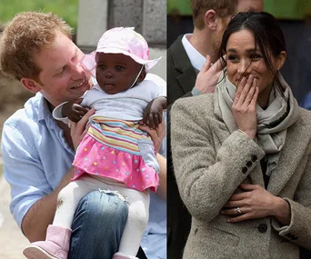 Prince smiling at child; woman smiling, hand on face, wearing coat.
