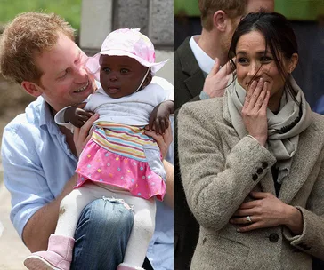Prince smiling at child; woman smiling, hand on face, wearing coat.