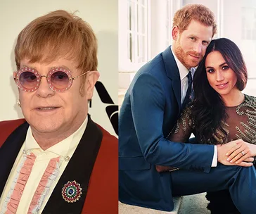 Elton John wearing glasses and a suit; a couple poses elegantly in formal attire in a personal portrait.