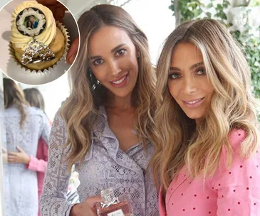 Two women smiling indoors; inset shows a cupcake with frosting and a decorative silver embellishment.