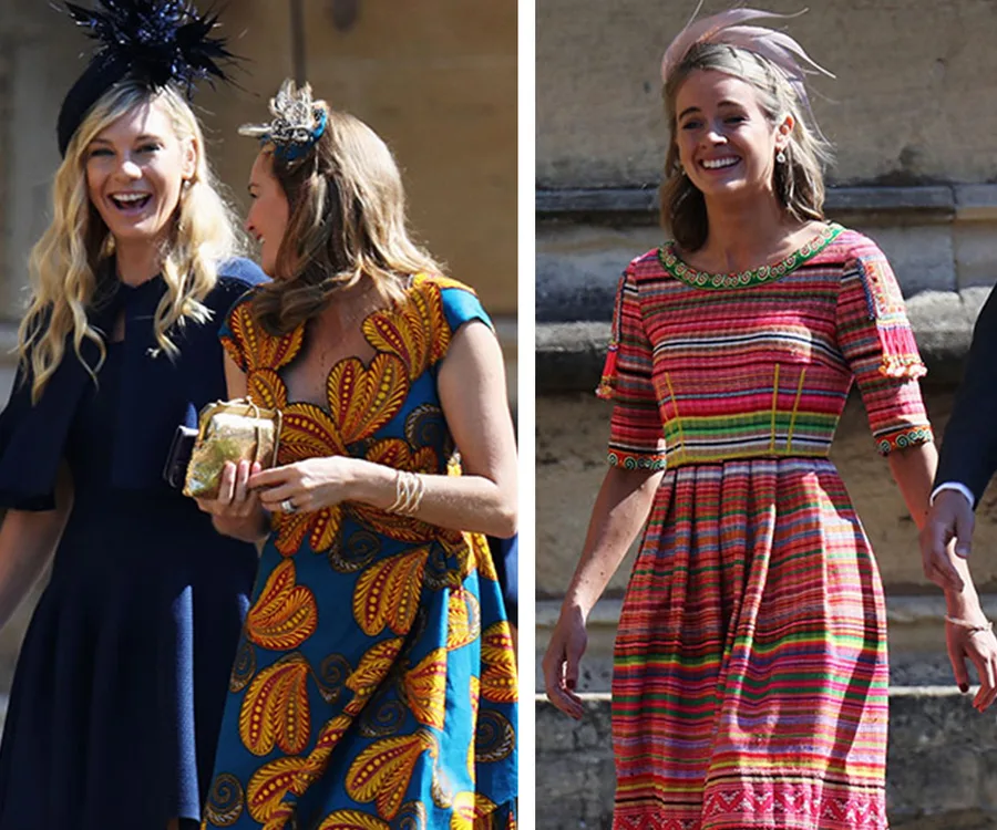 Chelsy Davy and Cressida Bonas at the royal wedding, wearing colorful dresses and fascinators, smiling and talking.