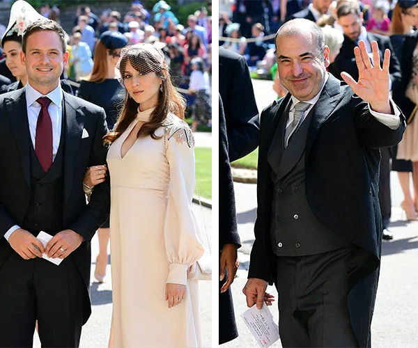 Cast members of "Suits" dressed formally and smiling at a royal wedding event.