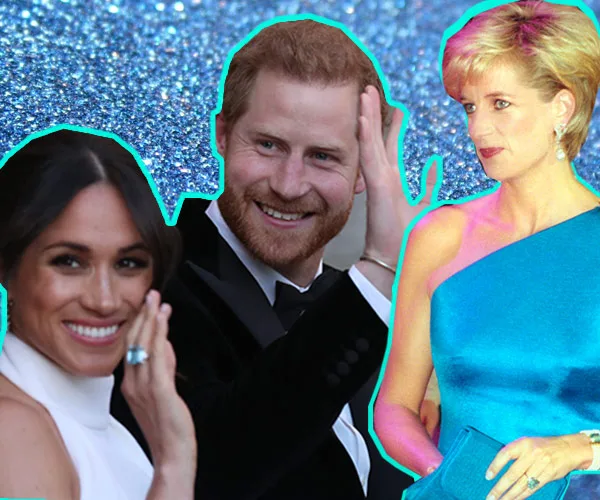 Meghan, Harry, and Diana smiling with blue glitter background; Meghan wearing aquamarine ring.
