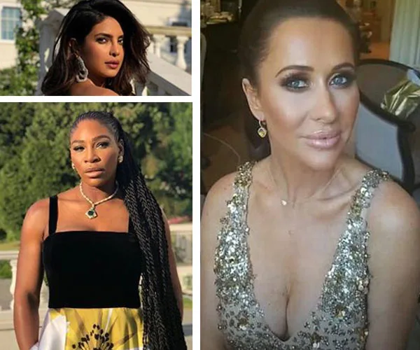 Three women in formal attire, outdoors and indoors, one in gold dress, others in scenic backgrounds.