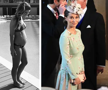 Left: Woman in bikini by a pool. Right: Woman in floral dress and hat at an event with others.