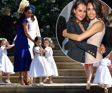 Woman in blue dress with young girls in white, and two women hugging in the inset.