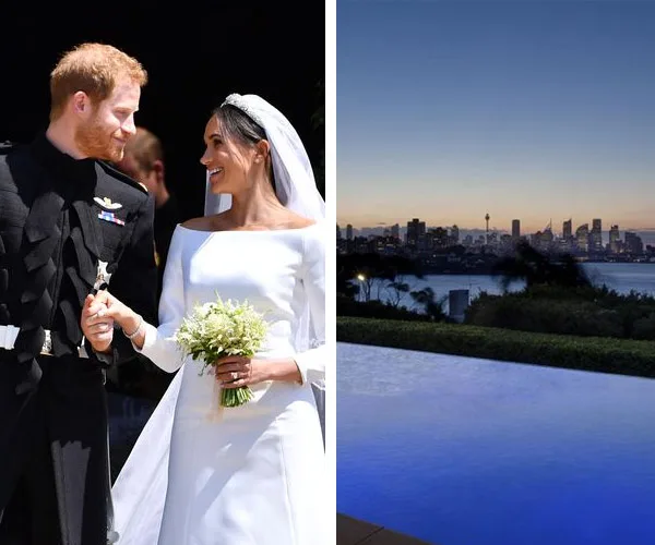 Prince Harry and Meghan Markle smiling at each other dressed in wedding attire; Sydney skyline at dusk.