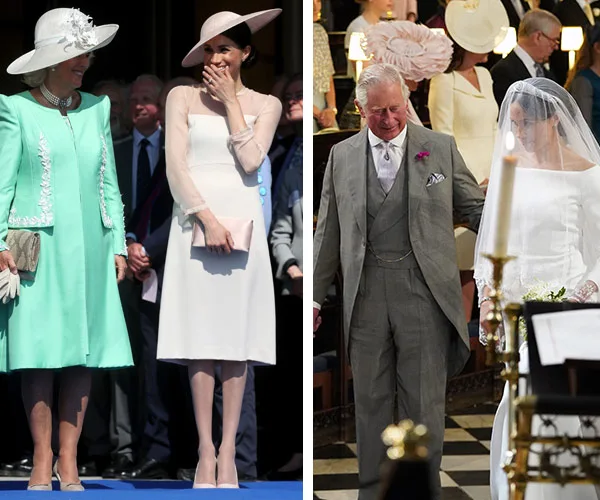 Duchess in green with Meghan in cream dress outside; Charles walking Meghan down aisle inside.
