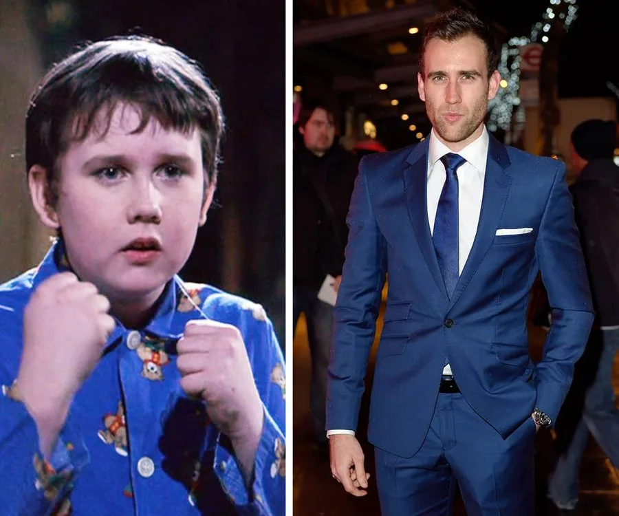Young boy in pajamas with fists raised on left; same person grown up in blue suit on right.