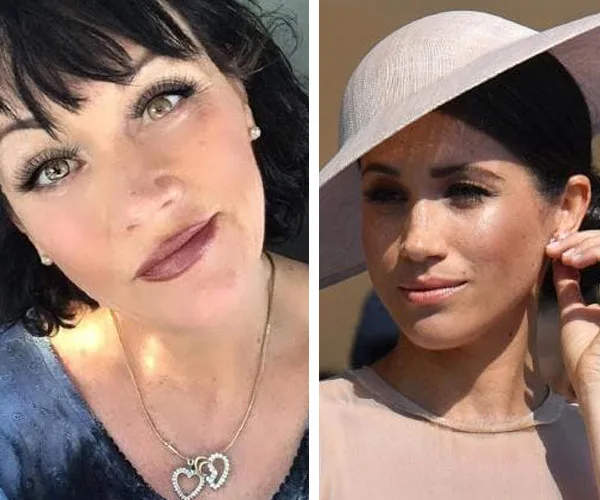Samantha Markle and Meghan Markle side by side, with Samantha wearing a blue top and heart necklace, Meghan in a hat.
