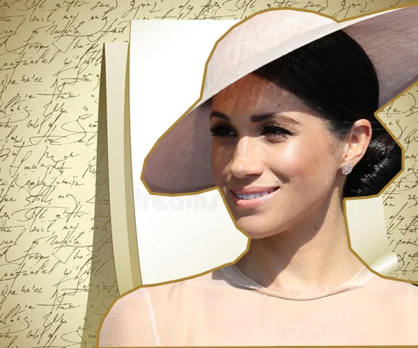 Meghan Markle smiling in a pink hat against a script background.