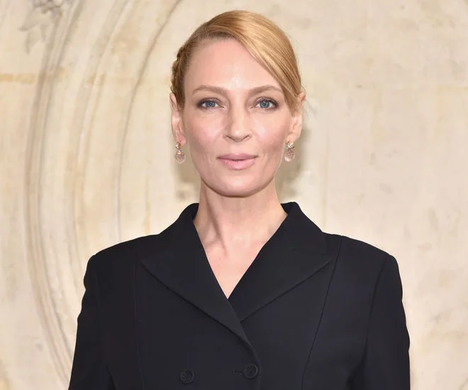 Uma Thurman in a black outfit, attending an event for Netflix's "Chambers."
