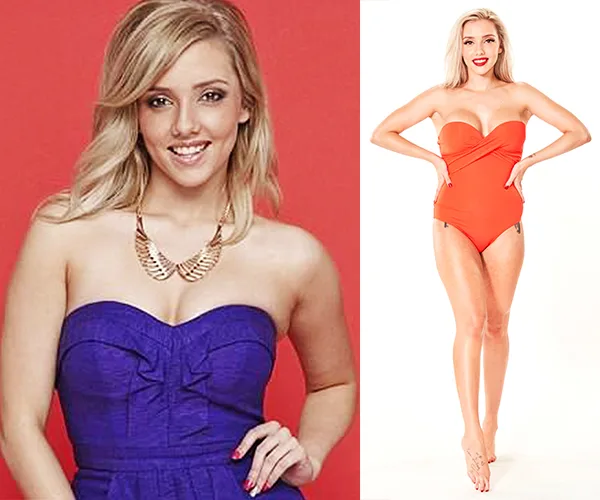 Alt text: "Woman in strapless dresses poses against red and white backgrounds; wears a statement necklace."