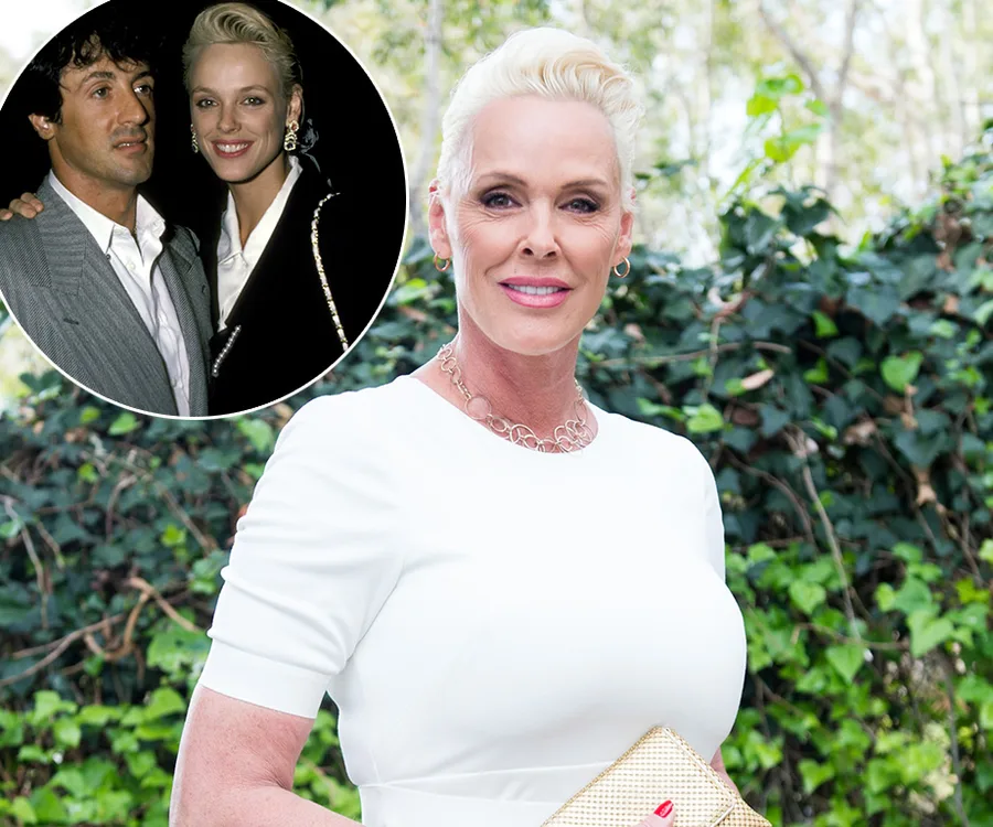 Brigitte Nielsen wearing white, outdoors with leafy background; inset shows her in black attire with a man.